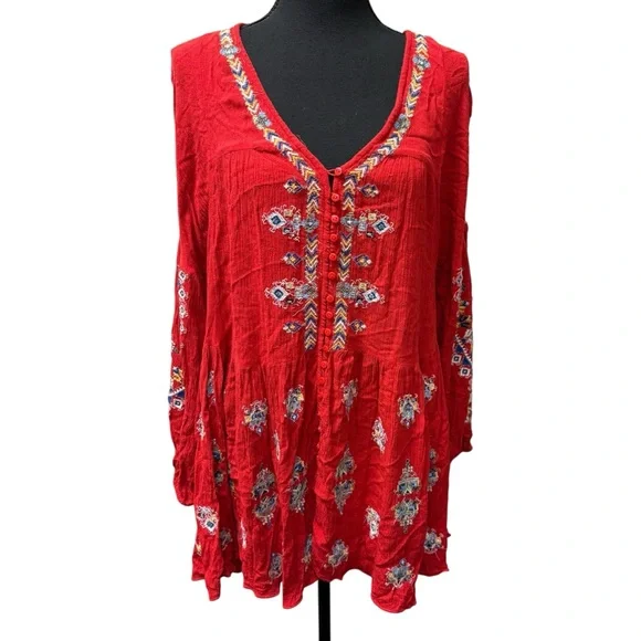 Free People Red Embroidered Boho Tunic Top Hi Low Festival Chic - Picture 1 of 10